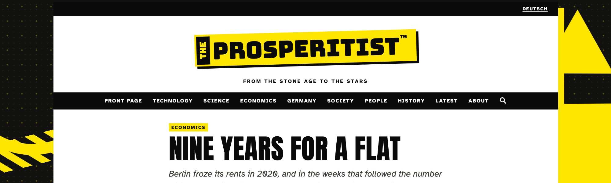 The front page of The Prosperitist: a yellow and black nameplate above the topic menu and the headline Nine Years for a Flat
