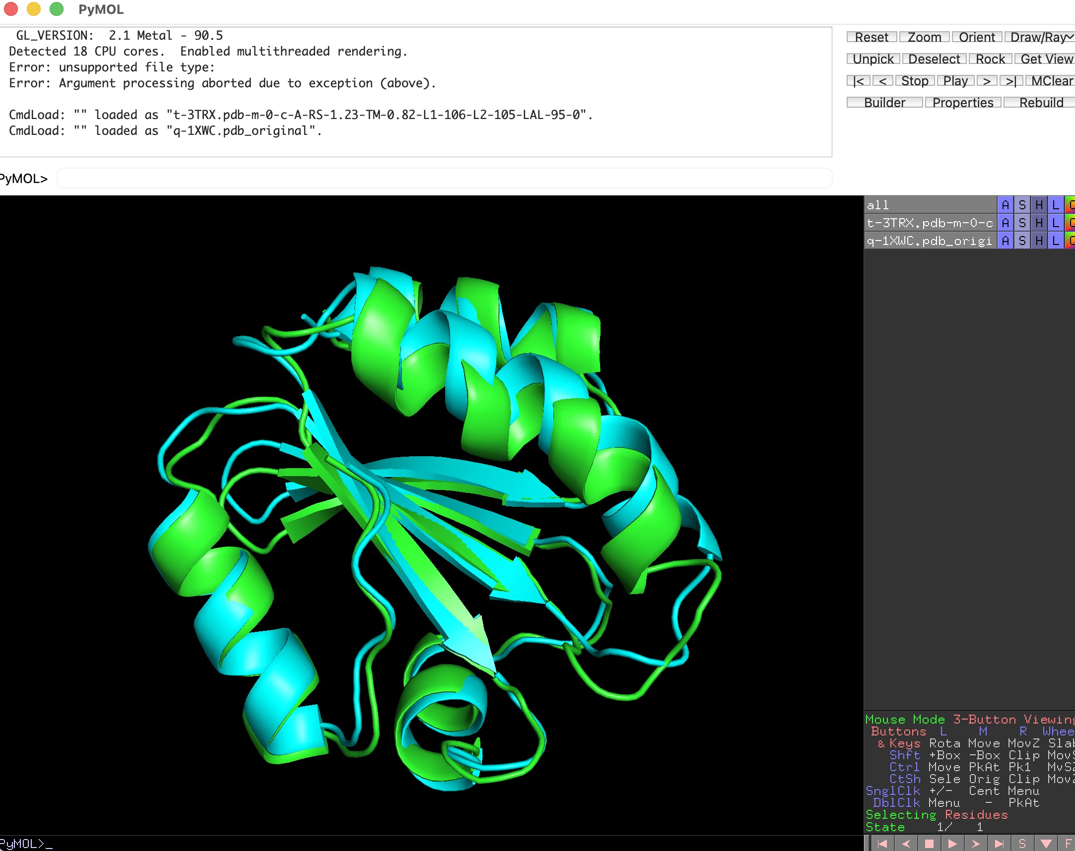 Two molecular structures superimposed in 3D by LaJolla after the SVD refinement step